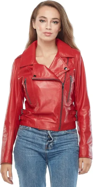 Women's Motorcycle Slimfit Zip-Up Lightweight Genuine Sheepskin Leather Red Jacket (Regular & Plus Size)