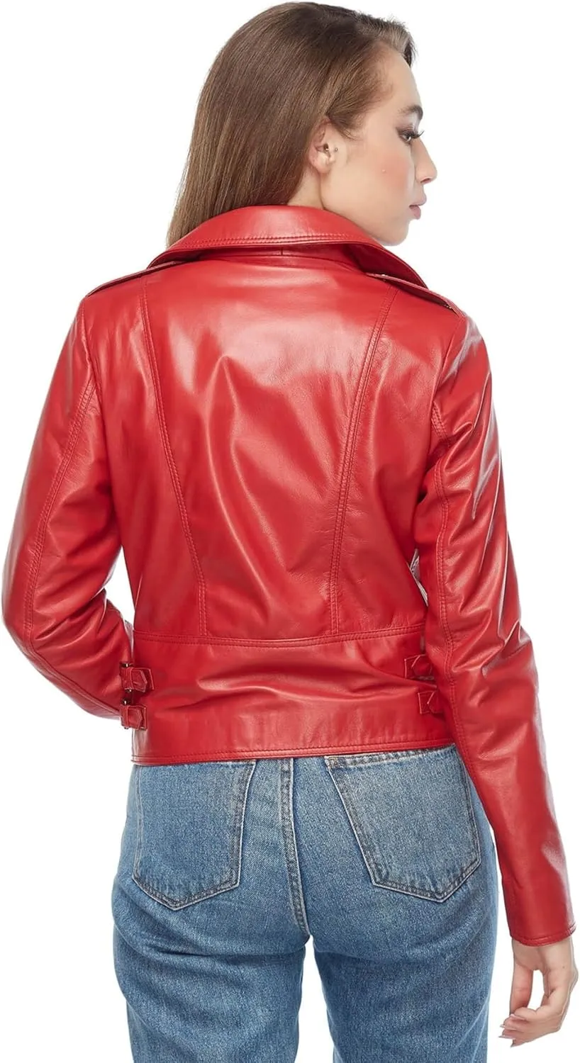 Women's Motorcycle Slimfit Zip-Up Lightweight Genuine Sheepskin Leather Red Jacket (Regular & Plus Size)