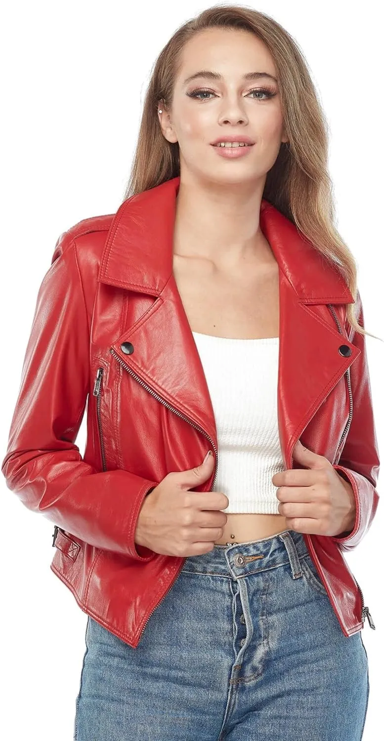 Women's Motorcycle Slimfit Zip-Up Lightweight Genuine Sheepskin Leather Red Jacket (Regular & Plus Size)