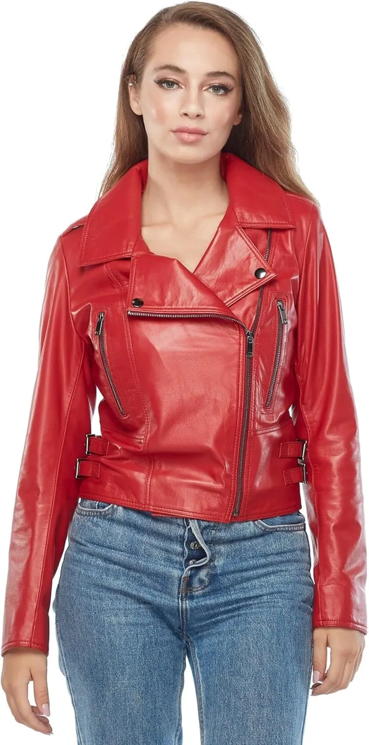 Women's Motorcycle Slimfit Zip-Up Lightweight Genuine Sheepskin Leather Red Jacket (Regular & Plus Size)