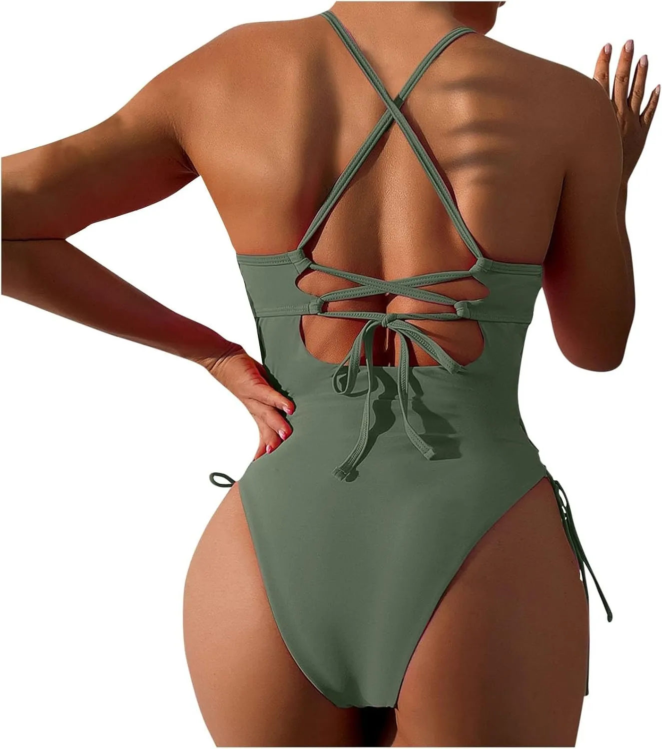 Womens One Piece Swimsuit High Waist Side Criss Cross Drawstring Bathing Suits Tummy Control Swimwear Backless Bikini