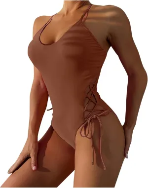 Womens One Piece Swimsuit High Waist Side Criss Cross Drawstring Bathing Suits Tummy Control Swimwear Backless Bikini