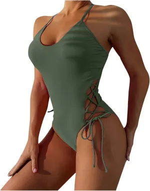 Womens One Piece Swimsuit High Waist Side Criss Cross Drawstring Bathing Suits Tummy Control Swimwear Backless Bikini