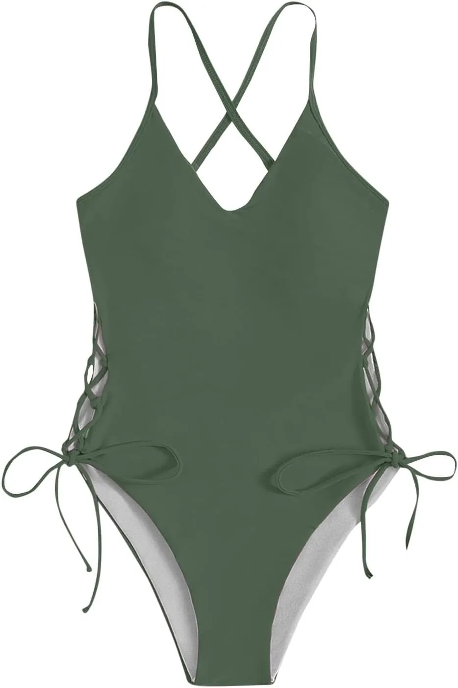 Womens One Piece Swimsuit High Waist Side Criss Cross Drawstring Bathing Suits Tummy Control Swimwear Backless Bikini