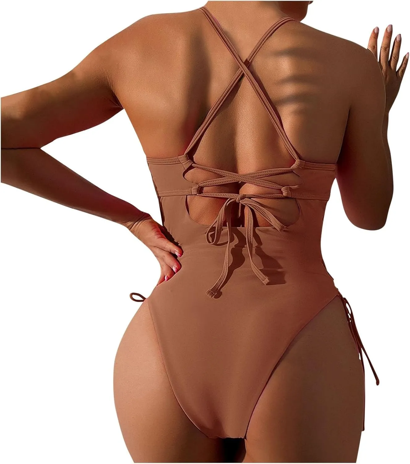 Womens One Piece Swimsuit High Waist Side Criss Cross Drawstring Bathing Suits Tummy Control Swimwear Backless Bikini