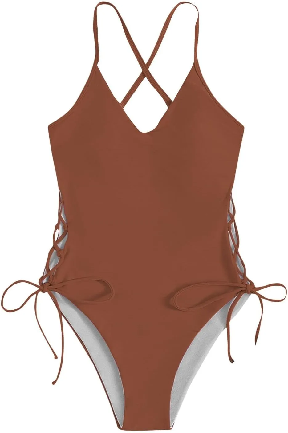 Womens One Piece Swimsuit High Waist Side Criss Cross Drawstring Bathing Suits Tummy Control Swimwear Backless Bikini