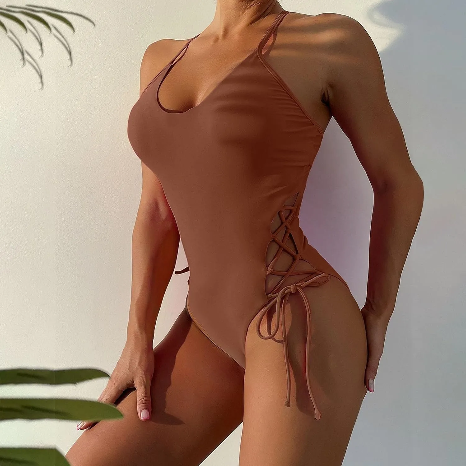Womens One Piece Swimsuit High Waist Side Criss Cross Drawstring Bathing Suits Tummy Control Swimwear Backless Bikini