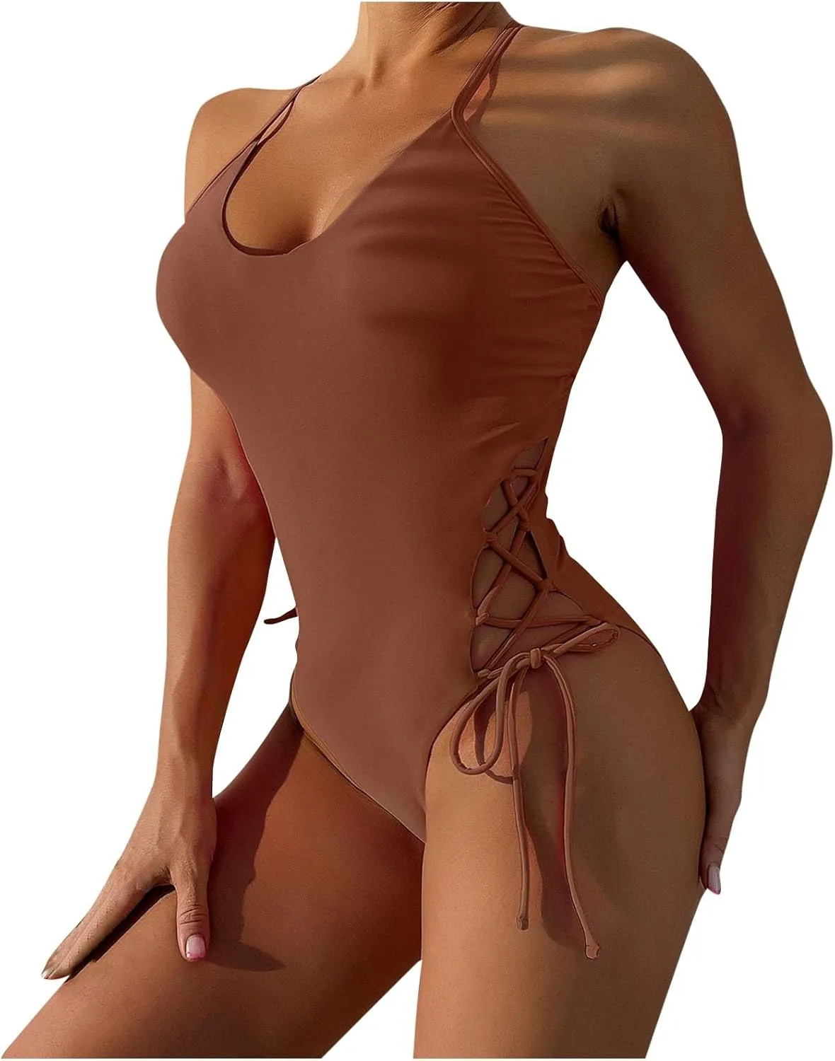 Womens One Piece Swimsuit High Waist Side Criss Cross Drawstring Bathing Suits Tummy Control Swimwear Backless Bikini