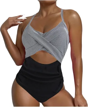 Women's One Piece Swimsuits Tummy Control Cutout High Cut Halter Bathing Suit Crisscross Backless Monokini Swimsuit