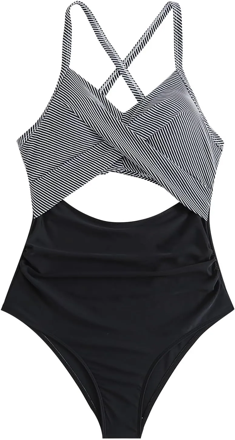 Women's One Piece Swimsuits Tummy Control Cutout High Cut Halter Bathing Suit Crisscross Backless Monokini Swimsuit