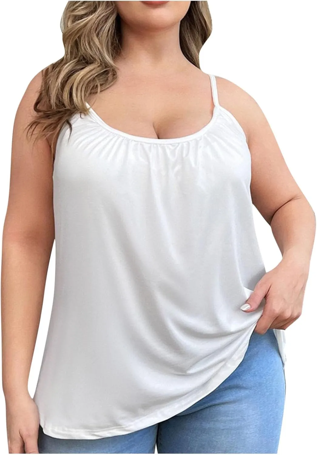 Women's Plus Size Tank Tops with Built in Bras Front Pleated U Neck Comfy Soft Laryered Shirts Comfy Undershirt