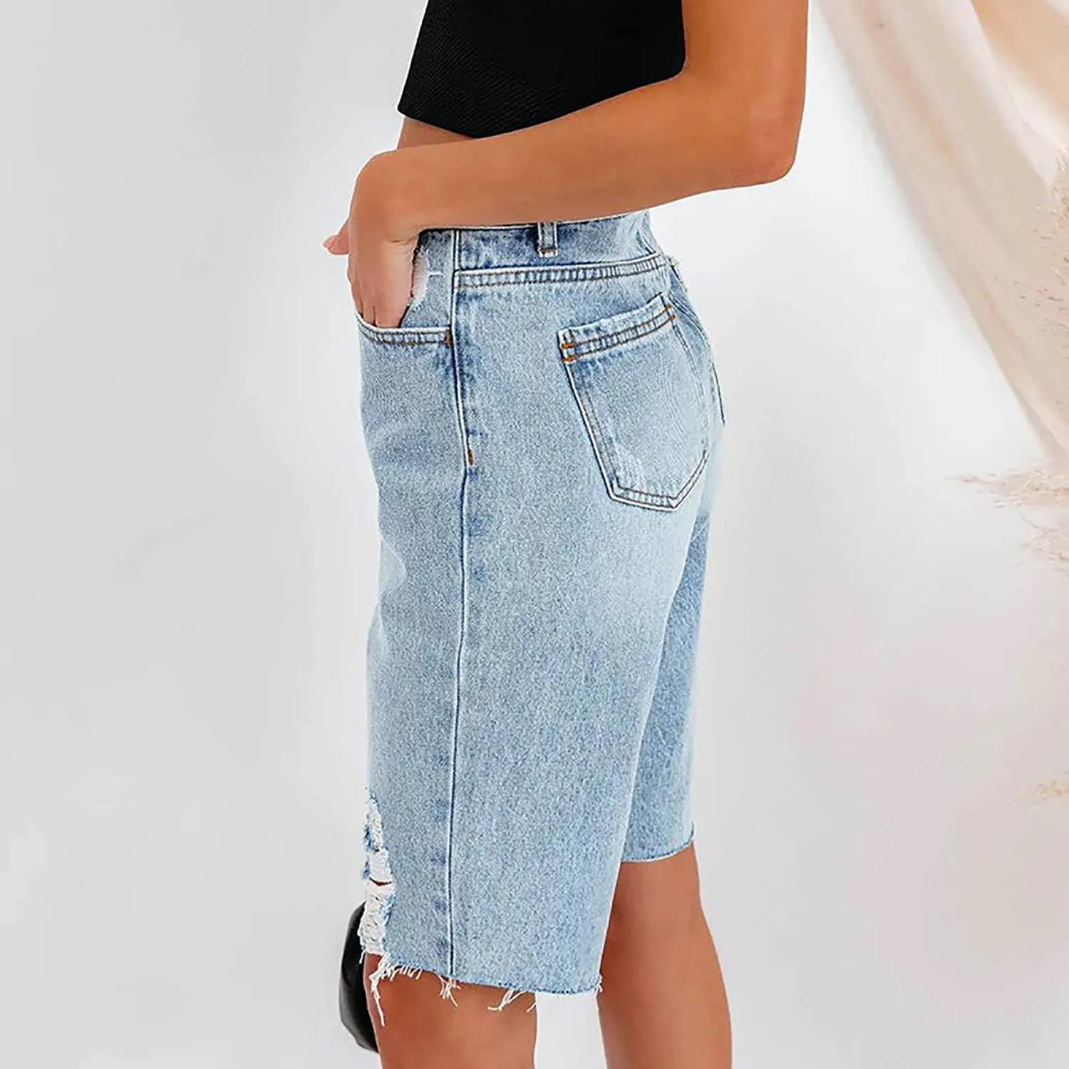 Women's Ripped Bermuda Shorts High Waisted Denim Shorts Ripped Distressed Jean Shorts
