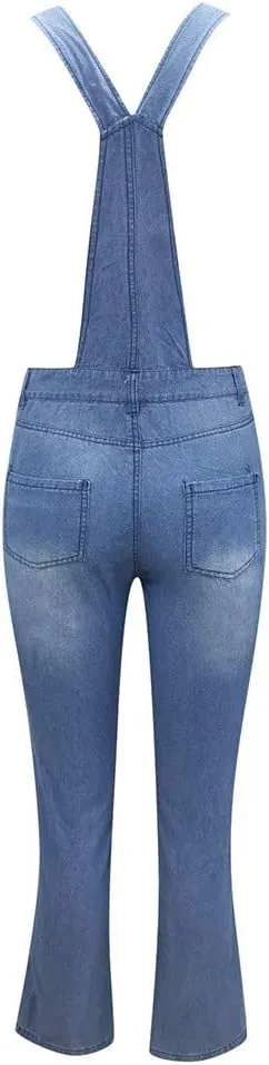 Women's Ripped Denim Bib Overalls Adjustable Straps Pockets Jean Rompers Casual Distressed Jeans Fit Jumpsuits