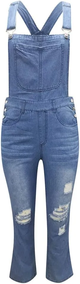 Women's Ripped Denim Bib Overalls Adjustable Straps Pockets Jean Rompers Casual Distressed Jeans Fit Jumpsuits