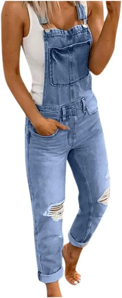 Women's Ripped Denim Bib Overalls Adjustable Straps Pockets Jean Rompers Casual Distressed Jeans Fit Jumpsuits