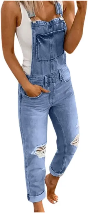 Women's Ripped Denim Bib Overalls Adjustable Straps Pockets Jean Rompers Casual Distressed Jeans Fit Jumpsuits