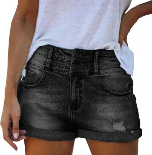 Womens Ripped Denim Shorts Mid Rise Stretchable Plain Color Trendy Mom Jeans Shorts Rolled Up Hem Hot Shorts