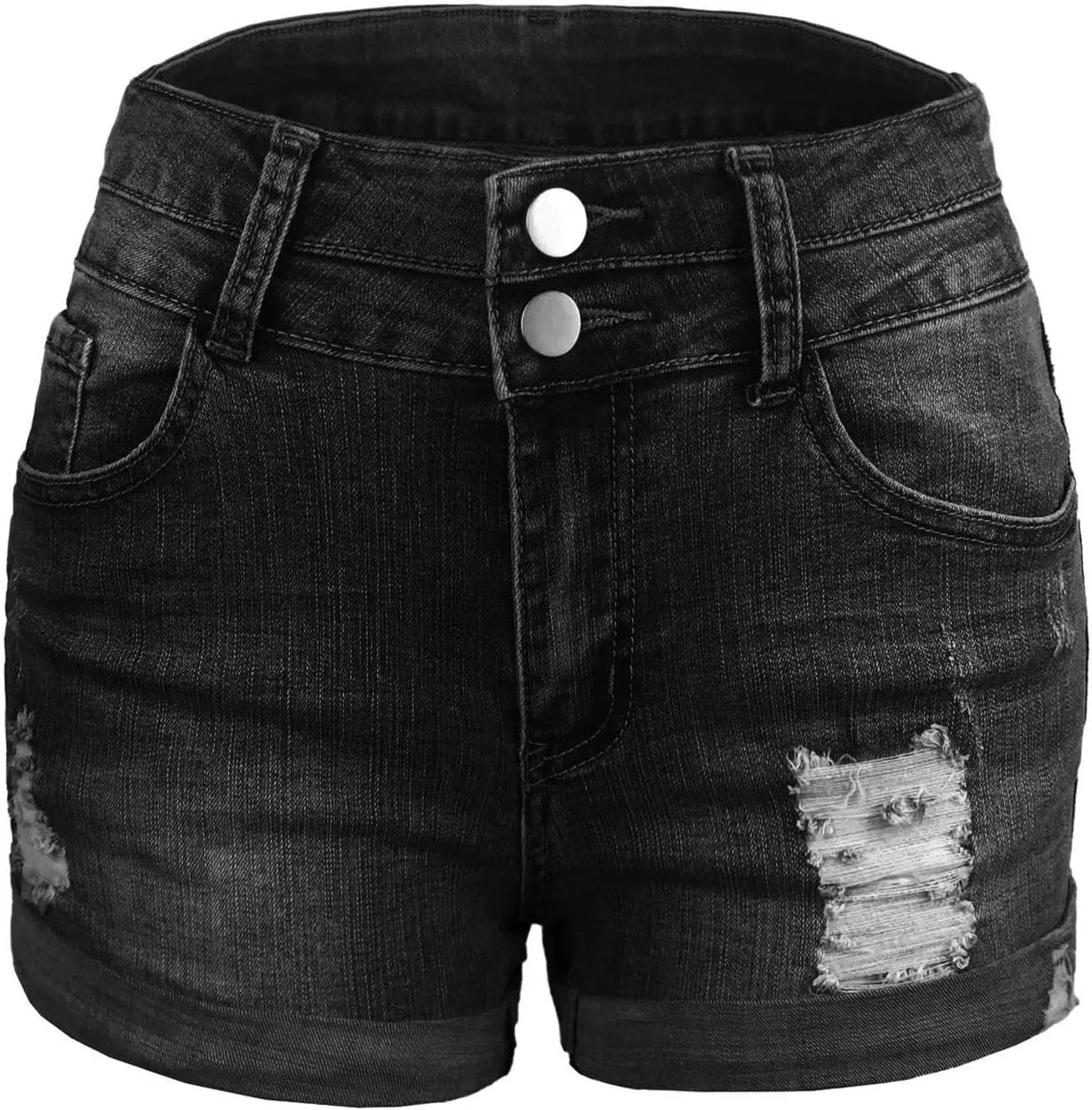 Womens Ripped Denim Shorts Mid Rise Stretchable Plain Color Trendy Mom Jeans Shorts Rolled Up Hem Hot Shorts