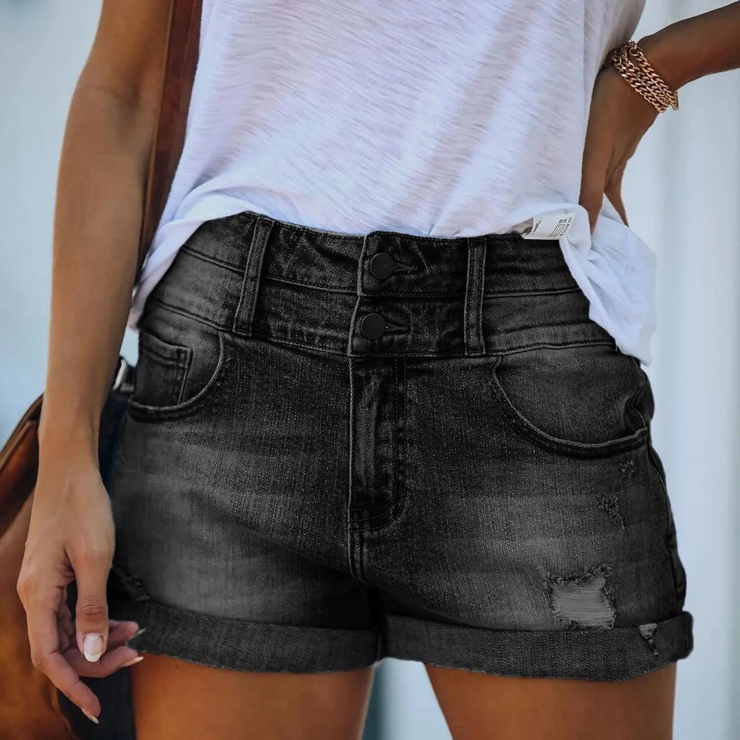 Womens Ripped Denim Shorts Mid Rise Stretchable Plain Color Trendy Mom Jeans Shorts Rolled Up Hem Hot Shorts