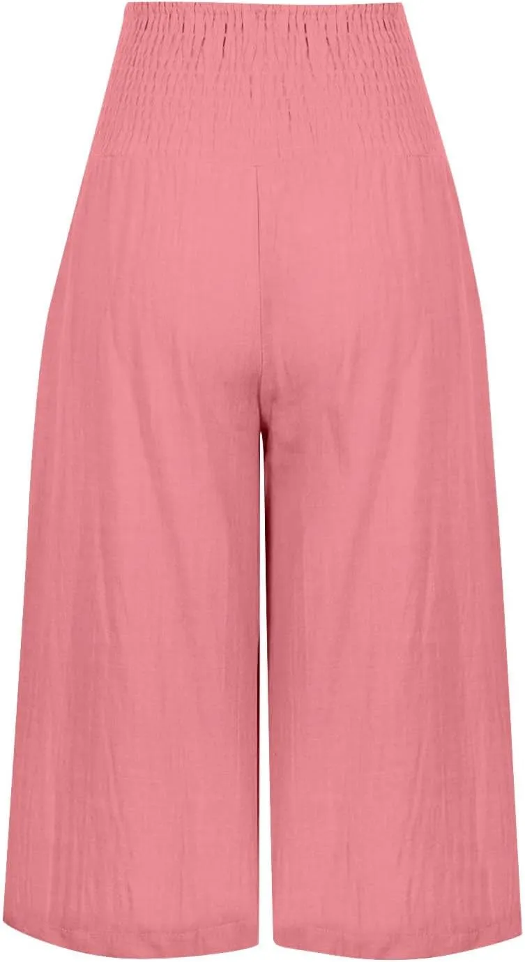 Womens Shorts Cotton Linen Shorts Capri Elastic Waist Linen Shorts Baggy Capri Pant Casual Beach Shorts with Pocket