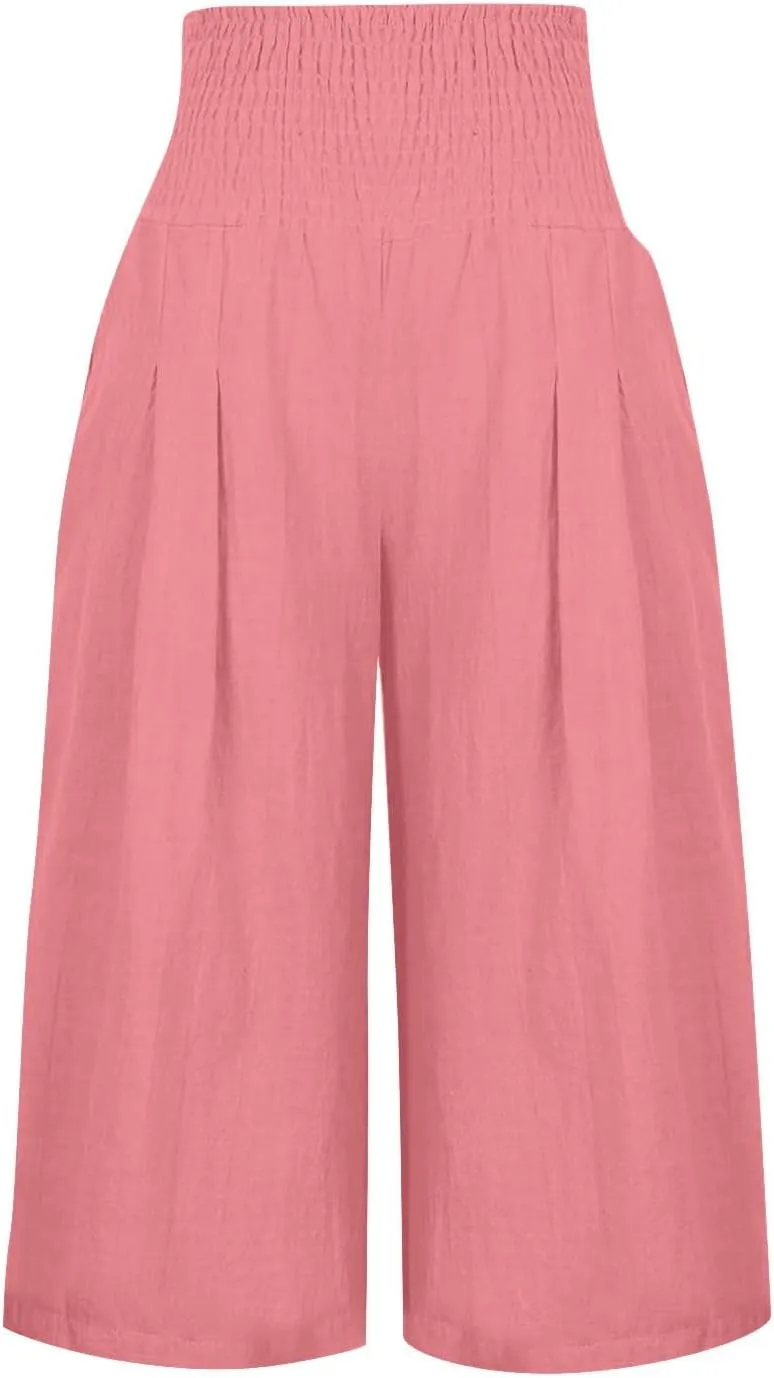 Womens Shorts Cotton Linen Shorts Capri Elastic Waist Linen Shorts Baggy Capri Pant Casual Beach Shorts with Pocket