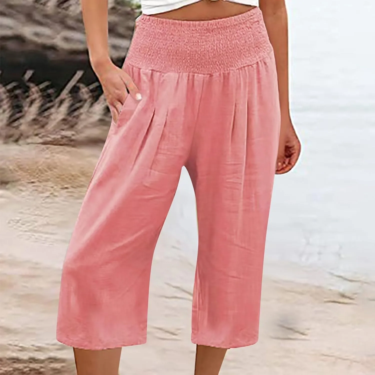 Womens Shorts Cotton Linen Shorts Capri Elastic Waist Linen Shorts Baggy Capri Pant Casual Beach Shorts with Pocket