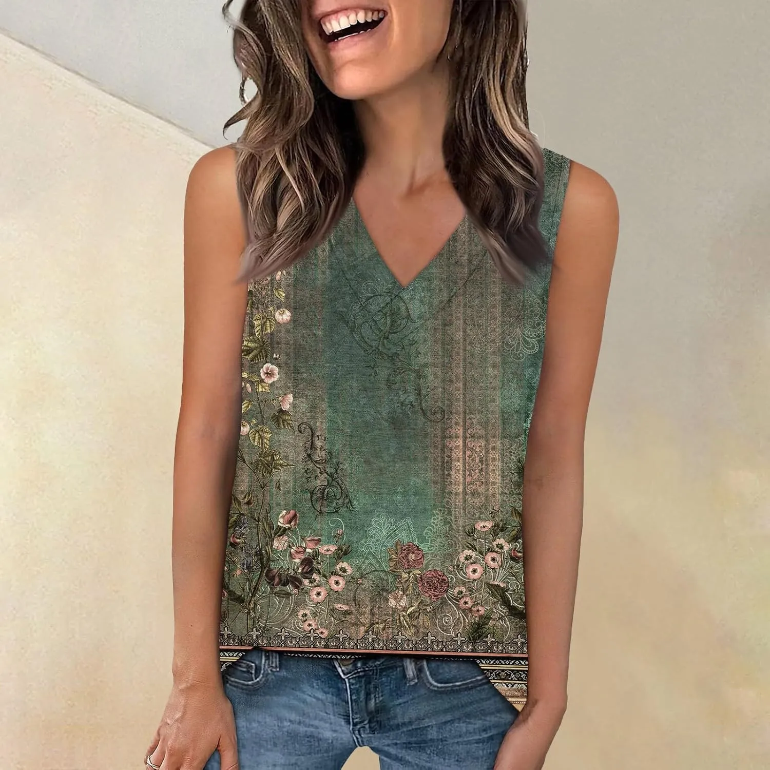 Women's Sleeveless V-Neck Floral Print Summer Top Casual Loose Fit Blouse for Everyday Wear Red Size Options