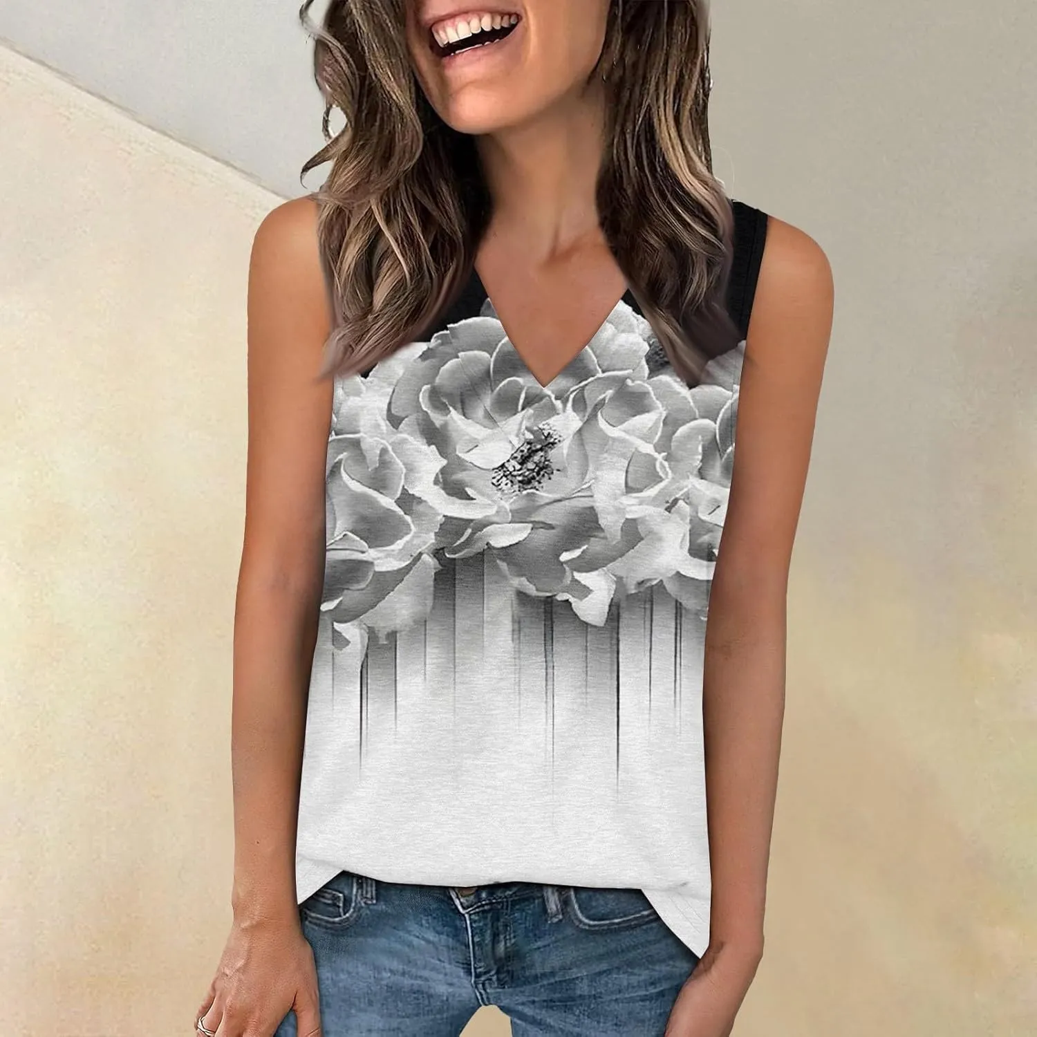 Women's Sleeveless V-Neck Floral Print Summer Top Casual Loose Fit Blouse for Everyday Wear Red Size Options