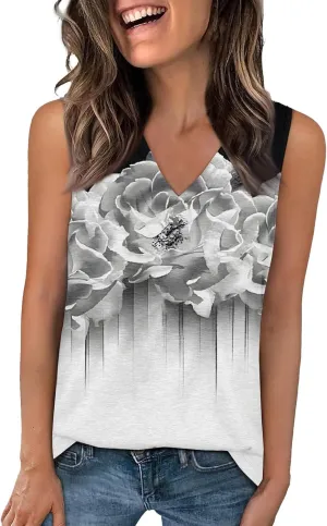 Women's Sleeveless V-Neck Floral Print Summer Top Casual Loose Fit Blouse for Everyday Wear Red Size Options