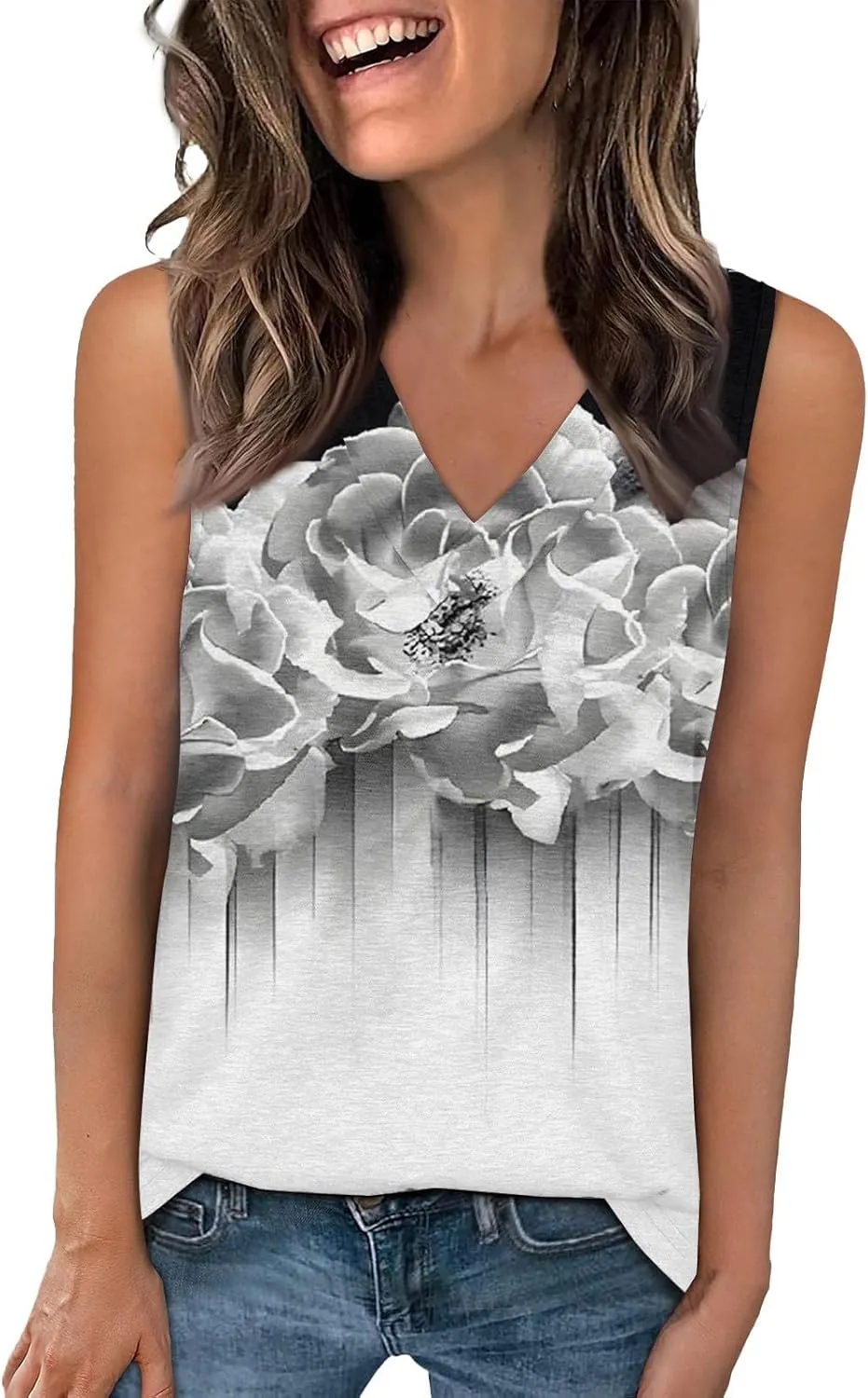 Women's Sleeveless V-Neck Floral Print Summer Top Casual Loose Fit Blouse for Everyday Wear Red Size Options