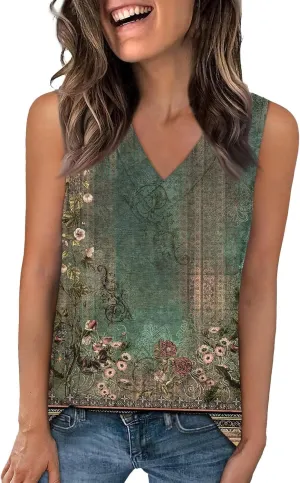 Women's Sleeveless V-Neck Floral Print Summer Top Casual Loose Fit Blouse for Everyday Wear Red Size Options