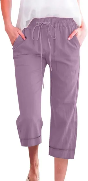 Womens Summer Linen Capri Pants 3/4 Length Flowy High Waisted Stretch Trouser Cotton Linen Athletic Casual Sweatpants