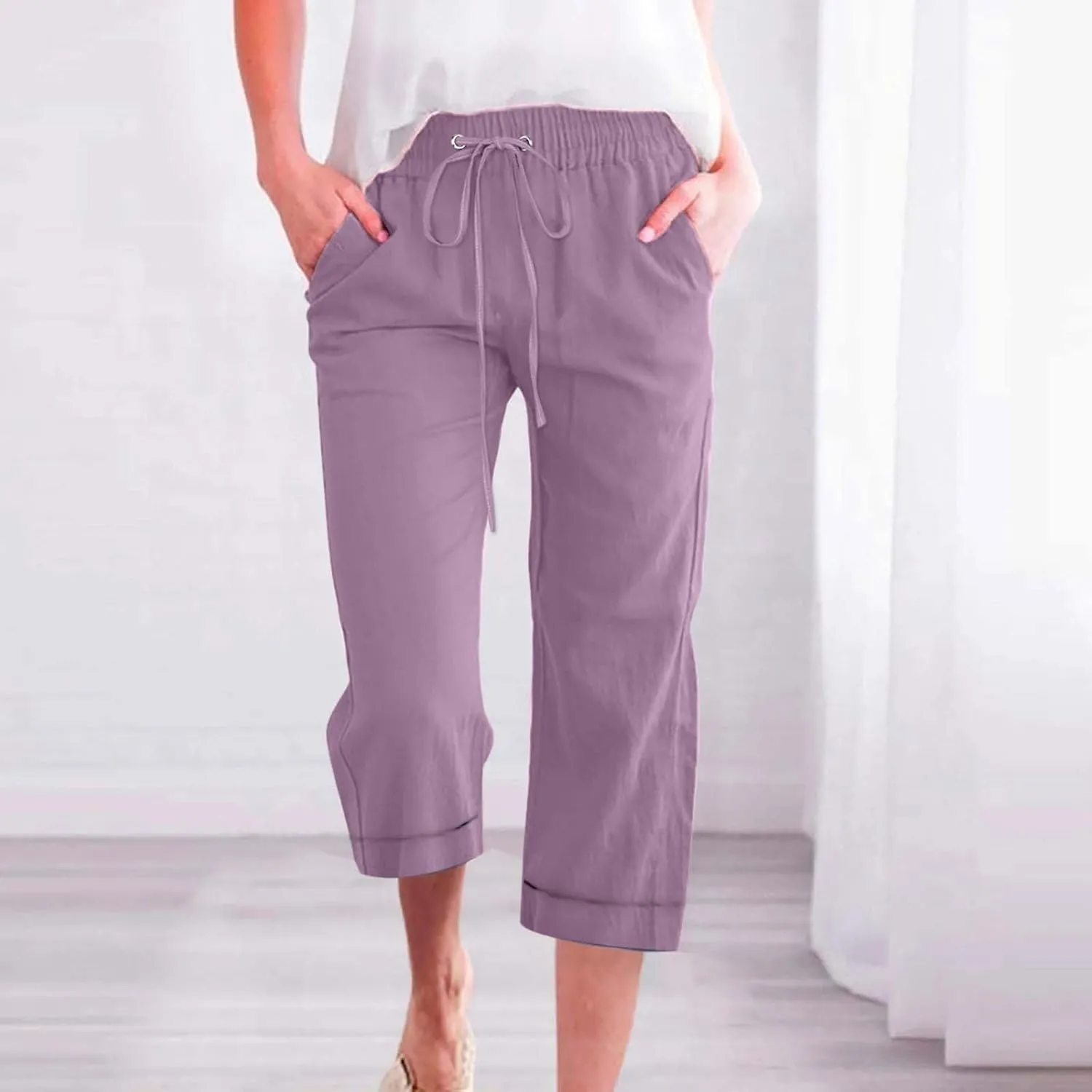 Womens Summer Linen Capri Pants 3/4 Length Flowy High Waisted Stretch Trouser Cotton Linen Athletic Casual Sweatpants