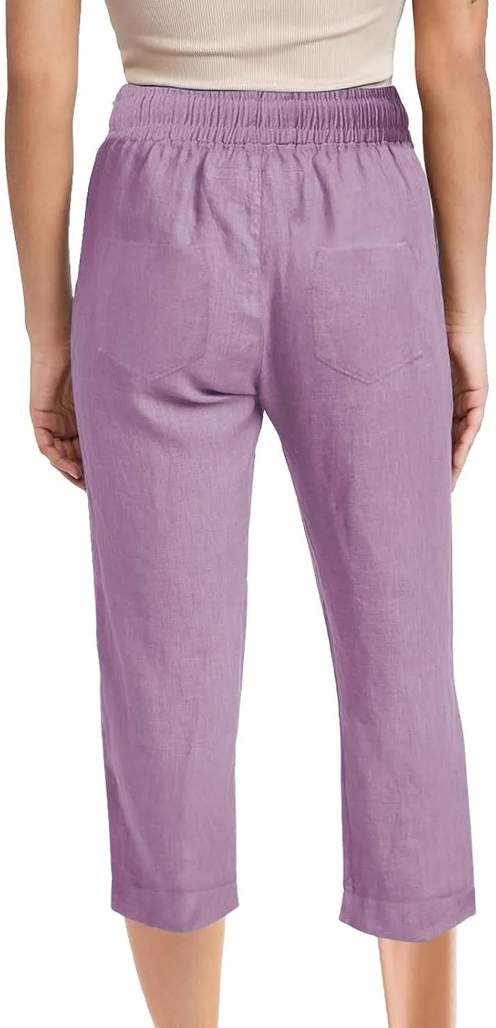 Womens Summer Linen Capri Pants 3/4 Length Flowy High Waisted Stretch Trouser Cotton Linen Athletic Casual Sweatpants