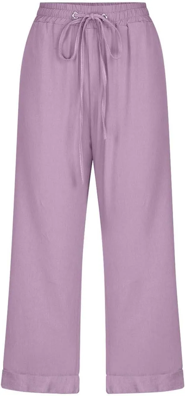 Womens Summer Linen Capri Pants 3/4 Length Flowy High Waisted Stretch Trouser Cotton Linen Athletic Casual Sweatpants