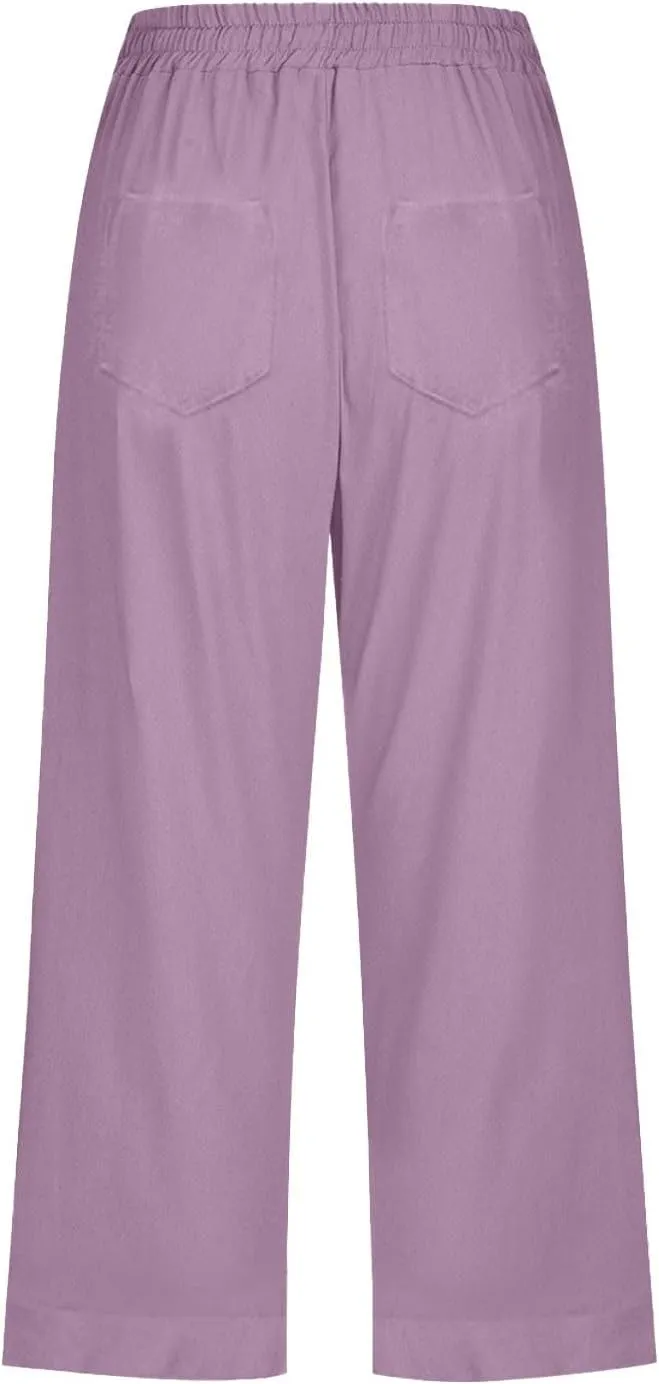 Womens Summer Linen Capri Pants 3/4 Length Flowy High Waisted Stretch Trouser Cotton Linen Athletic Casual Sweatpants