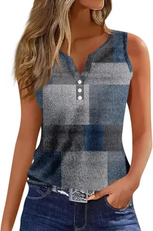 Womens Tank Tops Henley V Neck Button Printed Shirts 2025 Summer Casual Loose Fit Sleeveless Cute Tanks Tee for Women
