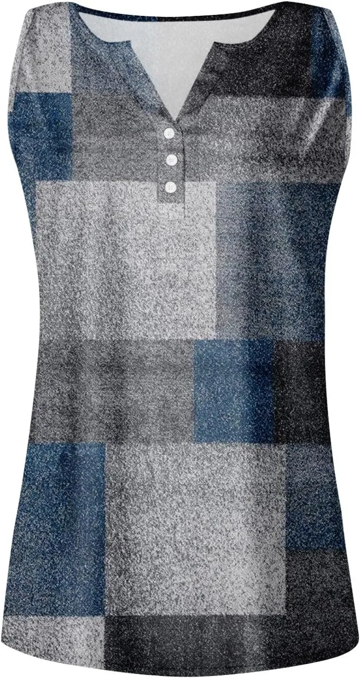 Womens Tank Tops Henley V Neck Button Printed Shirts 2025 Summer Casual Loose Fit Sleeveless Cute Tanks Tee for Women