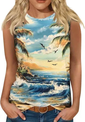 Womens Tank Tops Round Neck Printed Shirts 2025 Summer Casual Loose Fit Sleeveless Cute Basic Tanks Tee for Women