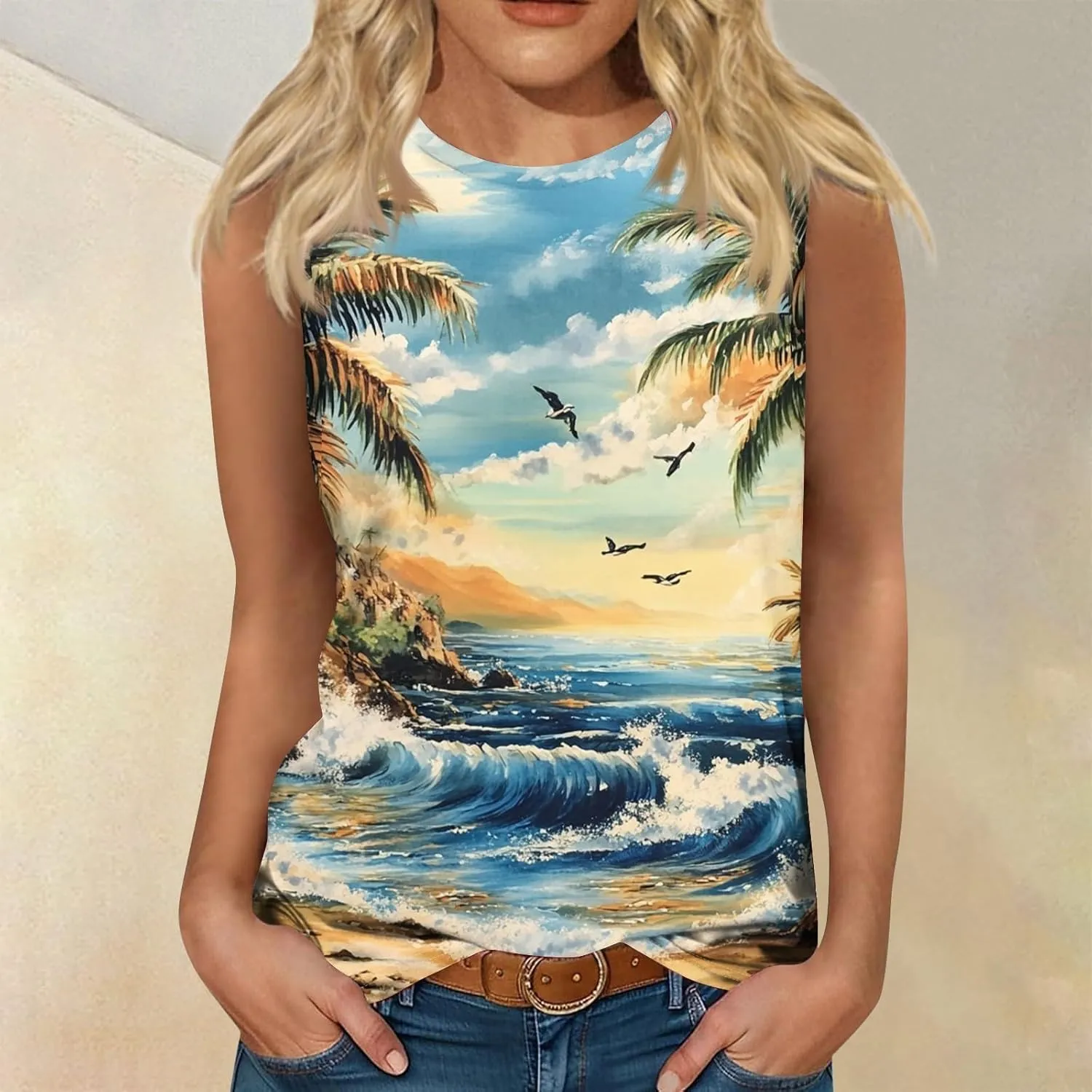 Womens Tank Tops Round Neck Printed Shirts 2025 Summer Casual Loose Fit Sleeveless Cute Basic Tanks Tee for Women