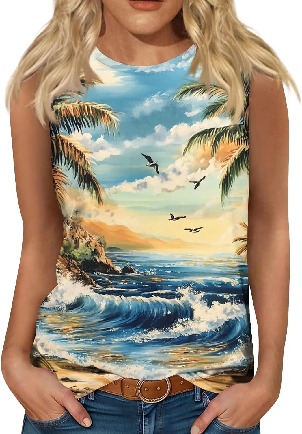 Womens Tank Tops Round Neck Printed Shirts 2025 Summer Casual Loose Fit Sleeveless Cute Basic Tanks Tee for Women