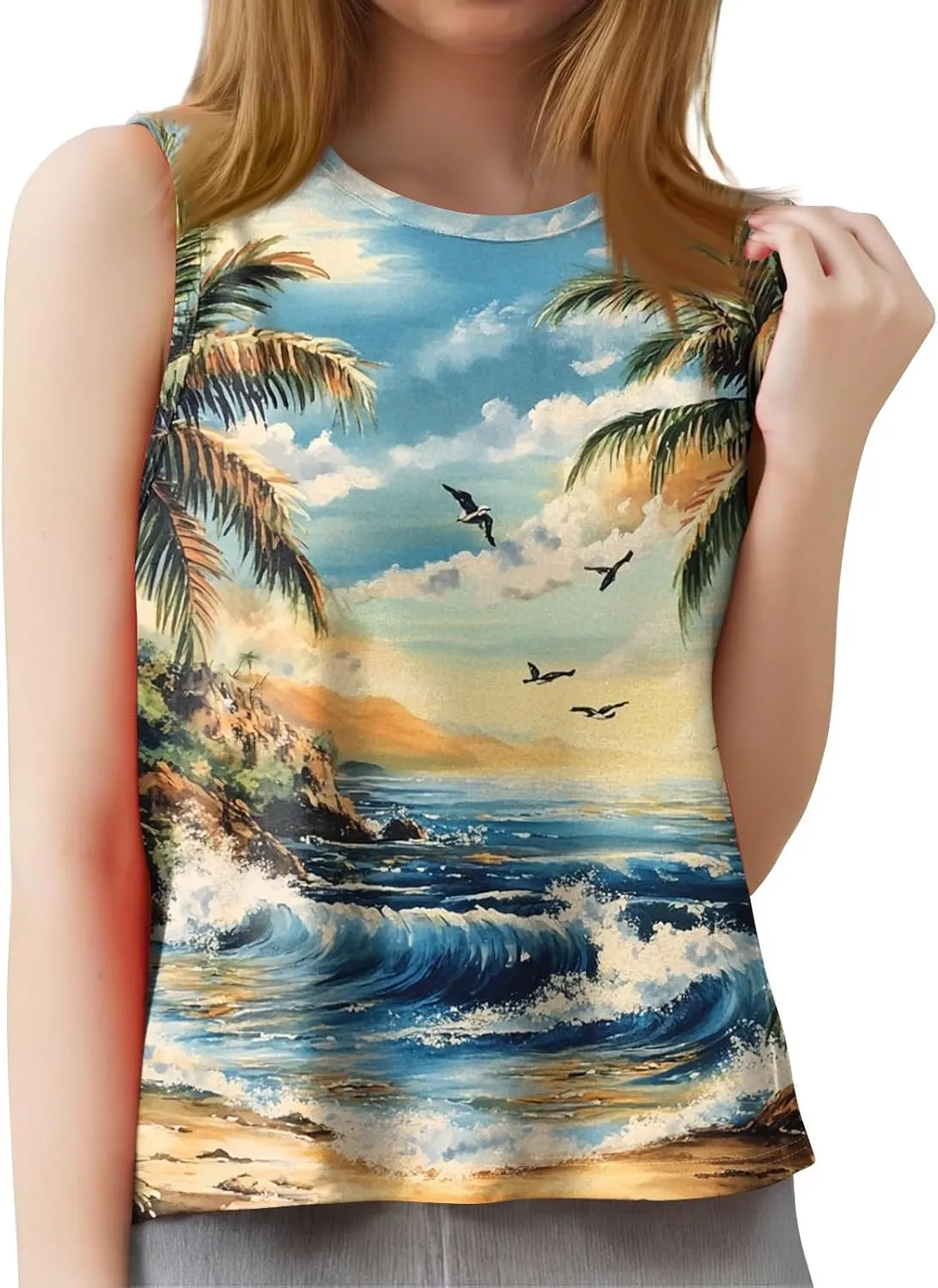 Womens Tank Tops Round Neck Printed Shirts 2025 Summer Casual Loose Fit Sleeveless Cute Basic Tanks Tee for Women