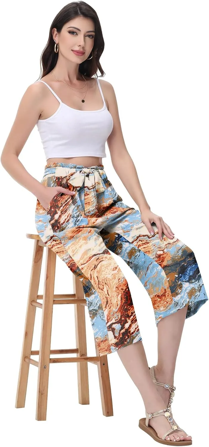 Women's Wide Leg Pants Capris Pants High Waist Casual Lounge Pants Adjustable Tie Business Casual Pants