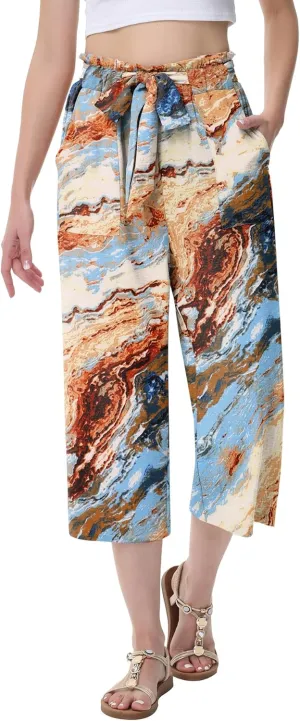 Women's Wide Leg Pants Capris Pants High Waist Casual Lounge Pants Adjustable Tie Business Casual Pants