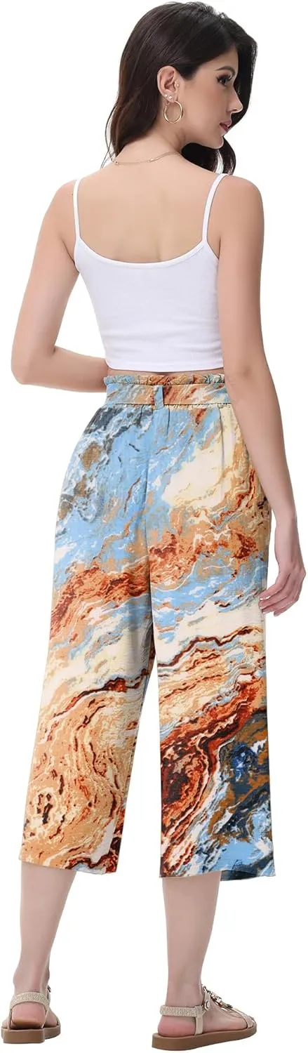 Women's Wide Leg Pants Capris Pants High Waist Casual Lounge Pants Adjustable Tie Business Casual Pants