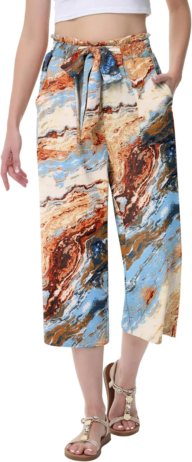 Women's Wide Leg Pants Capris Pants High Waist Casual Lounge Pants Adjustable Tie Business Casual Pants