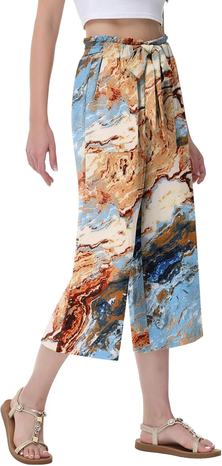 Women's Wide Leg Pants Capris Pants High Waist Casual Lounge Pants Adjustable Tie Business Casual Pants
