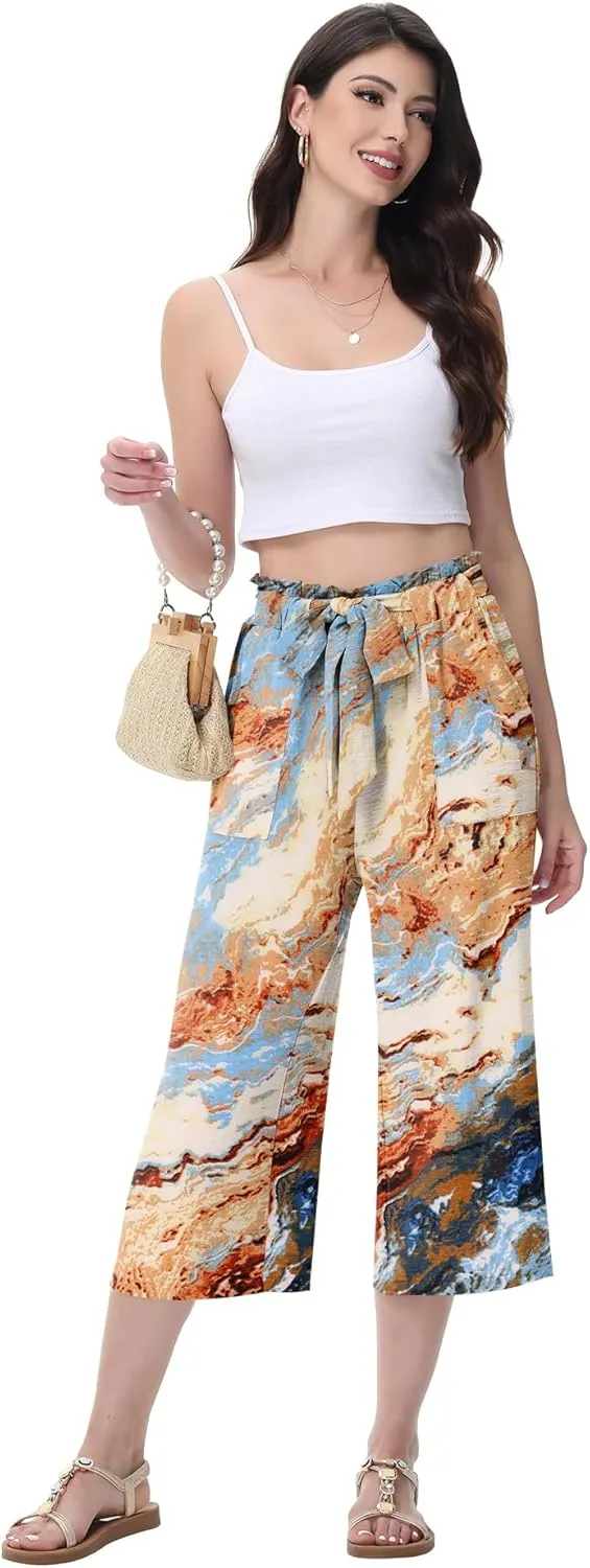 Women's Wide Leg Pants Capris Pants High Waist Casual Lounge Pants Adjustable Tie Business Casual Pants
