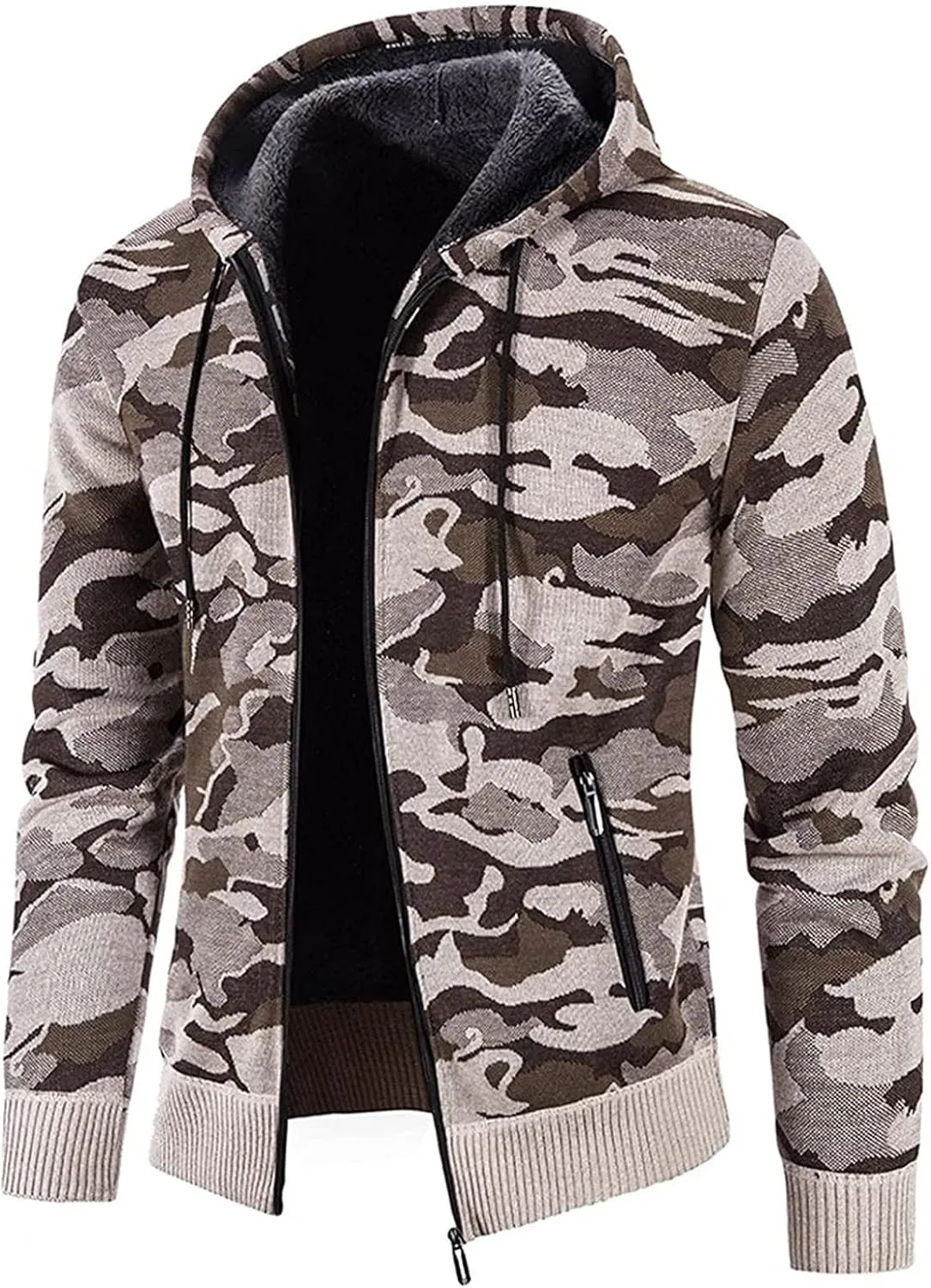 XIAXOGOOL Cardigan Sweater For Men,Men's Full Zip Print Cardigan Hoodie Fleece Lined Long Sleeve Slim Fit Winter Coat