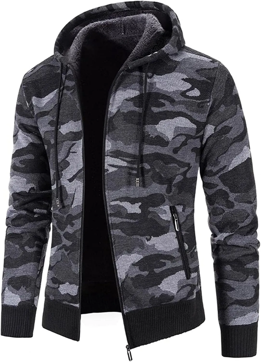 XIAXOGOOL Cardigan Sweater For Men,Men's Full Zip Print Cardigan Hoodie Fleece Lined Long Sleeve Slim Fit Winter Coat